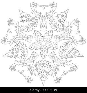 Winter-Mandala mit Hirschen, weihnachtsbäumen und Tannenzapfen. Schwarz-weiß. Seite „Art Therapy Coloring“ (Kunsttherapie). Vektorabbildung Stock Vektor