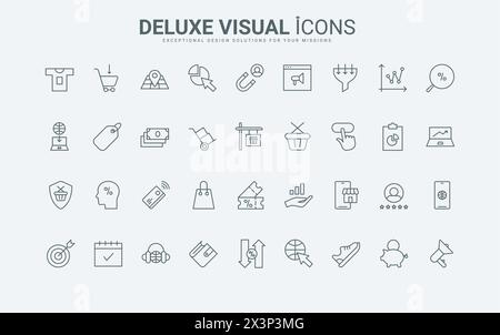 Magnet, um Kunden und Geld anzuziehen, Coupons und Rabatte, Suche nach Produkten zum Kauf und Verkauf dünner schwarzer und roter Umrisssymbole, Vektorillustration. Symbole für Verkaufstrichter und SMM-Kampagnenlinien gesetzt Stock Vektor