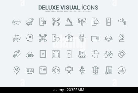 Telefon und Tablet, digitales Fernsehen und Netzwerkdiagnose, VR-Brille und Smartwatch, Roboter dünne schwarze und rote Umrisssymbole, Vektorillustration. Elektronische Geräte, Symbole für Smart Equipment Line gesetzt Stock Vektor