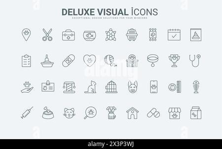 Tierfutter und -Träger, Spielzeug und Halsband des Tieres, Aquarium für Fisch und Vogelhaus, Pflege dünne schwarze und rote Umrisssymbole, Vektorillustration. Hunde- und Katzenpflege, Tierklinik-Symbole gesetzt Stock Vektor