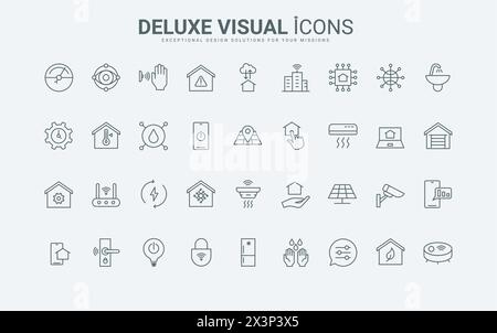 Beschreibung eines technischen Systems für Innenräume mit Sensoren zur Steuerung von Wärme und Licht, Schließeinrichtung von Gebäuden und Elektrizität, Verwaltung von Elektrogeräten. Smart Home dünne schwarze und rote Strichsymbole setzen die Vektorillustration Stock Vektor