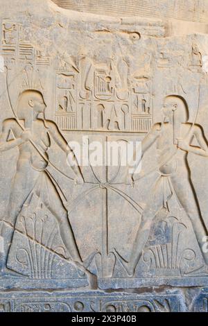 Tafel mit Hieroglyphen, die den Gott Hapi, Gott der Ernte, Nil und Fische, Luxor Tempel, Luxor, Ägypten zeigen Stockfoto