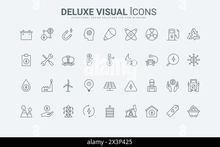 Symbole der Industrie liefern, um die Natur zu pflegen und zu retten, alternative nachhaltige Ressourcen dünne schwarze und rote Umrissvektorillustration. Symbole für Energie-, Strom- und Stromerzeugungslinien gesetzt Stock Vektor