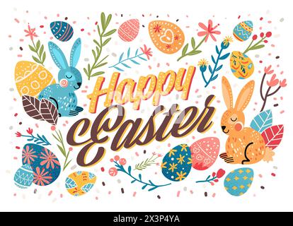 Happy Easter Grußkarte mit Kaninchen Eiern und Frühlingsblumen Pastellfarben Feiertagskarte horizontal Stock Vektor