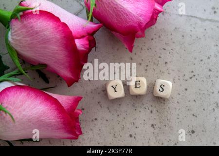 Ja Ausrufewort auf dem Steintisch Hintergrund mit rosa Blumen. Stockfoto