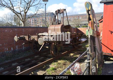 Wagen der Bristol Harbour Railway am Ende der Strecke. Bristol, England, Vereinigtes Königreich. Februar 2024. Stockfoto