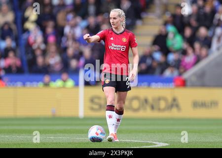 King Power Stadium, Leicester am Sonntag, den 28. April 2024. Millie Turner von Manchester United während des Barclays WomenÕs Super League-Spiels zwischen Leicester City und Manchester United im King Power Stadium, Leicester, am Sonntag, den 28. April 2024. (Quelle: James Holyoak / Alamy Live News) Stockfoto