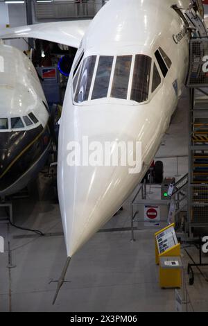 Knoten von Concorde Vorproduktionsflugzeug G-AXDN. Englisch-französisches Überschallflugzeug, Mach 2. IWM, Duxford, Großbritannien. Stockfoto