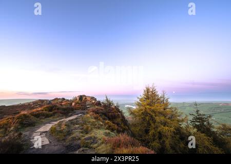 Blue Hour Sonnenaufgang bei den Kakerlaken im Staffordshire Peak District National Park, England, Großbritannien. Stockfoto