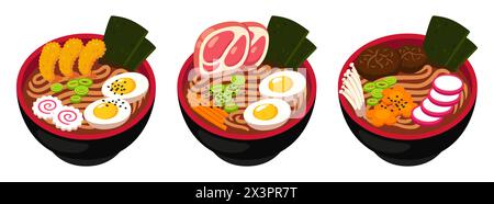 Ramen Suppenschüssel Set. Garnelen, Schweinefleisch und veganes traditionelles japanisches Gericht mit dicken Udon-Nudeln. Illustration des Zeichentrickvektors. Stock Vektor