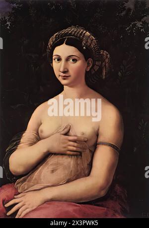 RAFFAELLO Sanzio (* 1483, Urbino, d. 1520, Roma) Porträt einer jungen Frau (La Fornarina) 1518-19 Öl auf Holz, 85 x 60 cm Galleria Nazionale d'Arte Antica, Rom ein großer Teil der Energie des Raffael in seinen letzten Jahren war für öffentliche Aktivitäten bestimmt. oder zumindest gegenüber Kommissaren, die Einfluss auf das Leben in der Stadt und das Leben in den päpstlichen Staaten hatten (er entwarf eine Villa, bekannt als Villa Madama, für Kardinal Giulio de’ Medici). Darüber hinaus schreiben ihm viele Kritiker eine Reihe von Kompositionen der Heiligen Familie und der Heiligen zu, die dann von seinen Anhängern hingerichtet wurden. Das berühmte Porträt eines y Stockfoto