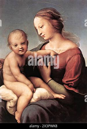 RAFFAELLO Sanzio (* 1483, Urbino, d. 1520, Roma) Madonna und Kind (die große Cowper Madonna) 1508 Öl auf Holz, 81 x 57 cm National Gallery of Art, Washington die Dominanz des lyrischen und anmutigen Aspekts dieses Gemäldes (auch bekannt als Niccolini-Cowper Madonna) über den religiösen Inhalt hinaus gehört es zu Raffael' florentinischer Zeit, 1505-2008. Tatsächlich wurde dieses 1508 unterzeichnete und datierte Panel gegen Ende von Raffael' Aufenthalt in Florenz hingerichtet. Das Datum 1508 und das Monogramm des Künstlers „RV“ wurden in die Stickerei des Robes der Jungfrau eingearbeitet. Der Titel leitet sich von den Namen o ab Stockfoto