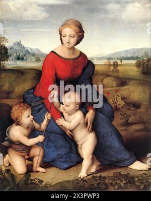 RAFFAELLO Sanzio (* 1483, Urbino, d. 1520, Roma) Madonna von Belvedere (Madonna del Prato) 1506 Öl auf Holz, 113 x 88 cm Kunsthistorisches Museum, Wien die Madonna von der Wiese ist die erste einer Reihe von abendfüllenden Figurenkompositionen, die die apokryphe Begegnung zwischen dem Jesuskind und dem Täuferjungen darstellen. Der Baptist soll Christus schon in seiner Kindheit als Erlöser erkannt und verehrt haben. Raphael macht das deutlich, indem er Christus das Kreuz von Johannes nehmen lässt. Michelangelos Einfluss auf Raphael wird in dieser Komposition deutlich. Die pyramidale Struktur von Stockfoto