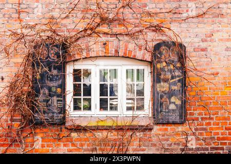 Ein rustikales Fenster in einer alten Backsteinmauer mit kriechendem Efeu in der Altstadt von Oslo. Norwegen. Stockfoto