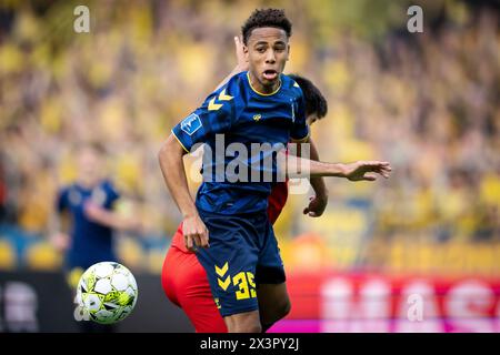 Dänemark. April 2024. Broendby’s Noah Nartey während des 3F Superliga-Spiels zwischen dem FC Nordsjaelland und Broendby IF at Right to Dream Park in Farum Sonntag, 28. April 2024. (Foto: Mads Claus Rasmussen/Ritzau Scanpix) Credit: Ritzau/Alamy Live News Stockfoto