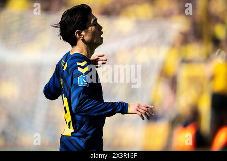 Dänemark. April 2024. Broendby's Yuito Suzuki während des 3F Superliga-Spiels zwischen FC Nordsjaelland und Broendby IF at Right to Dream Park in Farum Sonntag, 28. April 2024. (Foto: Mads Claus Rasmussen/Ritzau Scanpix) Credit: Ritzau/Alamy Live News Stockfoto