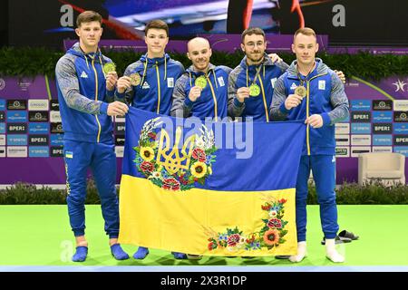 Rimini, Italien. April 2024. Team GOLD Ukraine während der künstlerischen Turn-Europameisterschaft - Männer, Turnen in Rimini, Italien, 28. April 2024 Credit: Independent Photo Agency/Alamy Live News Stockfoto