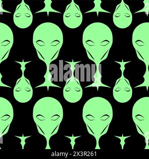 Nahtlose grüne Grafik-Aliens auf schwarzem Hintergrund, Textur, Design Stockfoto