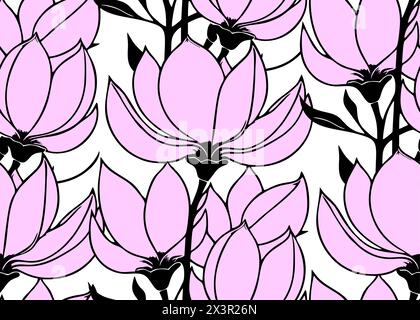 Einfache Kontur nahtloses Muster aus rosa Magnolien auf weißem Hintergrund, Textur Stockfoto