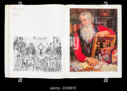 Kunstalbum von Boris Michailowitsch Kustodiew (russisch Борис Михайлович Кустодиев; 7. März 1878–28. Mai 1927) war ein russischer und später sowjetischer Maler und Bühnenbildner, der 1971 in der UdSSR erschien. Stockfoto