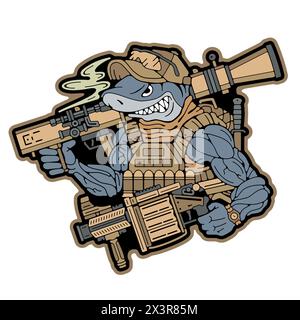 Militär-Patch. Armee-Abzeichen auf der Kleidung. Militärischer Hai. Großer weißer Hai, der eine Waffe hält. Militärstempel. Militärisches Emblem. Stock Vector Image (Vektorbild) Stock Vektor