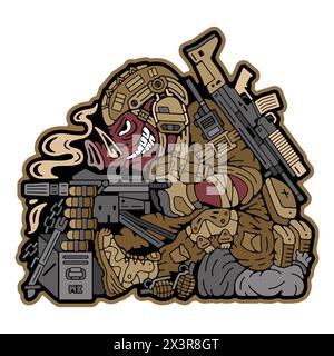 Militär-Patch. Armee-Abzeichen auf der Kleidung. Militärschwein. Ein Wildschwein hält eine Waffe. Militärstempel. Militärisches Emblem. Stock Vector Image (Vektorbild) Stock Vektor