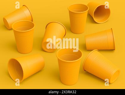 Set aus Kunststoff Einweg-Partybecher isoliert auf monochromem gelbem Hintergrund. 3D-Rendering von Take Away Glas für Saft, frisch, Bier Stockfoto