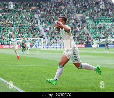 Austin, Texas, USA. April 2024. Austin FC Stürmer Diego Rubio (14) feiert nach einem Tor in der ersten Halbzeit in einem Major League Soccer Spiel zwischen Austin FC und der Los Angeles Galaxy am 27. April 2024 in Austin. Austin FC gewann mit 2:0. (Kreditbild: © Scott Coleman/ZUMA Press Wire) NUR REDAKTIONELLE VERWENDUNG! Nicht für kommerzielle ZWECKE! Stockfoto