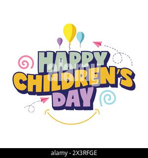 Happy Children's Day-Logo mit auffälligen Kinderaufschriften, Ballons und Flugzeugen für Kinder auf weißem Hintergrund. Farbenfroher Texteffekt am Kindertag. Überschrift Stock Vektor
