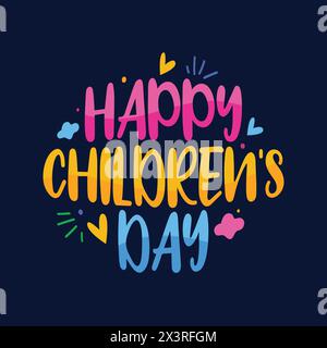 Happy Children's Day handgezeichneter Schriftzug mit Herzen und Wolkenelementen für Kinder auf blauem Hintergrund. Logo für den Kindertag mit farbenfrohem Text. Schlagzeilentypografie Stock Vektor