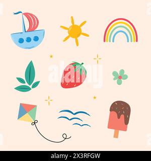 Süßes Sommer-Vektor-Set mit Schiff und Regenbogen Stock Vektor
