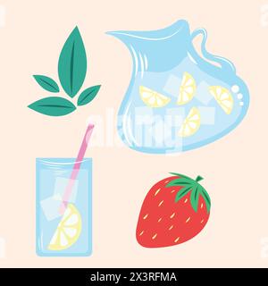 Kaltes Eisgetränk im Glas mit Zitrone und Eiswürfeln Stock Vektor