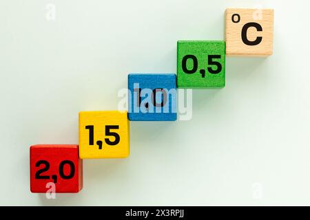 Symbol zur Begrenzung der globalen Erwärmung. Klimazielkonzept, Temperaturreduzierung. Holzblöcke mit den Nummern 2,0, 1,5, 1,0, 0,5. Kopierbereich. Busin Stockfoto