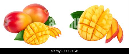 Mango Obst Hälfte mit Blättern und Schichten auf weißem Hintergrund schließen isoliert - oben Stockfoto