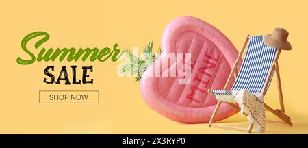 Banner zum Sommerverkauf mit einem jungen Mann mit Matratze und Liegestuhl Stockfoto