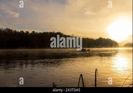 Ein kleiner Nebel auf dem Fluss im Herbst, der Fluss und Nebel entlang des Herbstwaldes am frühen Morgen Stockfoto