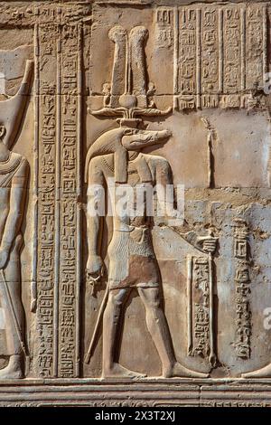 Sobek, der Krokodilgott, empfing eine Opfergabe auf einem Basrelief im Tempel von KOM Ombo, Ägypten Stockfoto