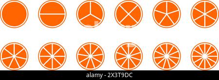 Orangefarbene Kreise, unterteilt in Fraktionen von 1 bis 12, isoliert auf weißem Hintergrund. Runde Formen, die zu gleichen Teilen geschnitten werden. Einfache Kreisdiagramme, Statistikräder, Geschäftsdiagramme. Illustration der Vektorabwicklung. Stock Vektor