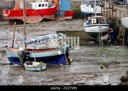 Bootsbesitzer nutzen die Ebbe, um Wartungsarbeiten an ihren Booten durchzuführen. Brixham Harbour, Devon, Großbritannien Stockfoto