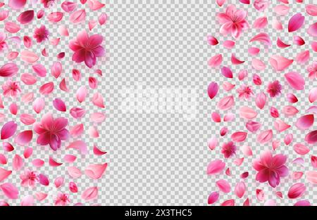 Sakura Petals png Komposition Seitenbanner auf kariertem grauen Hintergrund. Rosenblumenrahmen. Abbildung des Rohvektors in realistischem Stil isoliert. Stock Vektor