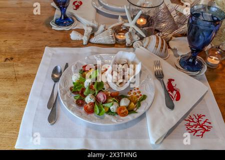 Meeresfrüchtemischung und Caprese-Salat mit Kirschtomaten, Mozzarella, Basilikum und Rucola auf einem schönen Teller mit Muscheldekoration. Stockfoto