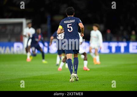 Paris, Frankreich. April 2024. Marquinhos während des Fußballspiels der französischen Meisterschaft Ligue 1 zwischen Paris Saint-Germain und Le Havre AC am 27. April 2024 im Parc des Princes Stadion in Paris. Foto Victor Joly/DPPI Credit: DPPI Media/Alamy Live News Stockfoto