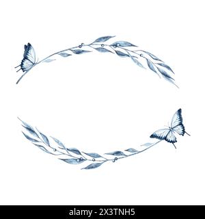 Kranz mit blauen abstrakten Blättern und Schmetterlingen. Handgezeichnete Aquarellillustration isoliert auf weißem Hintergrund. Indigo monochromer ovaler Rahmen. Stockfoto