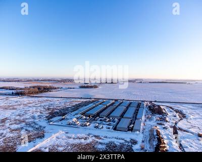 Drohnenansicht eines Mietlagerbetriebs mit geschlossenen Regaltüren. Stockfoto