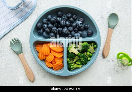 Babyschale mit Brokkoli, Heidelbeeren und Karotten. Gesunde Babynahrung in der Schüssel Stockfoto