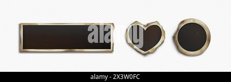 Alter Bilderrahmen für Album und Scrapbook. Realistische Vektorillustration Set aus Vintage-Bildrändern in Form von horizontalem Rechteck, Herz und Kreis. Retro Memory Snapshot Sticker Mockup. Stock Vektor