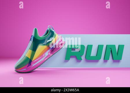 3D Illustration farbenfrohe neue Sportschuhe auf einer riesigen Schaumstoffsohle, Sneakers in einem hässlichen Stil. Modische Sneakers. Stockfoto