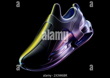 3D-Illustration von farbenfrohen Sneakers mit Schaumstoffsohlen und Verschluss in Neonfarbe auf schwarzem Hintergrund. Sneakers, Seitenansicht. Modische Sneakers. Stockfoto