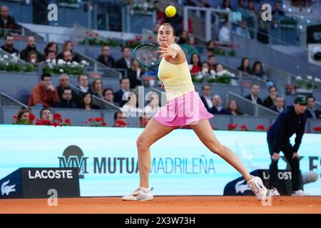 Aryna Sabalenka von Weißrussland im Kampf gegen Robin Montgomery der Vereinigten Staaten während der Mutua Madrid Open 2024, ATP Masters 1000 und WTA 1000, Tennisturnier am 28. April 2024 in Caja Magica in Madrid, Spanien Stockfoto