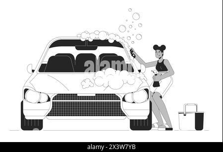 afroamerikanische Frau wäscht Auto schwarz-weiß Zeichentrickfilm flache Illustration Stock Vektor